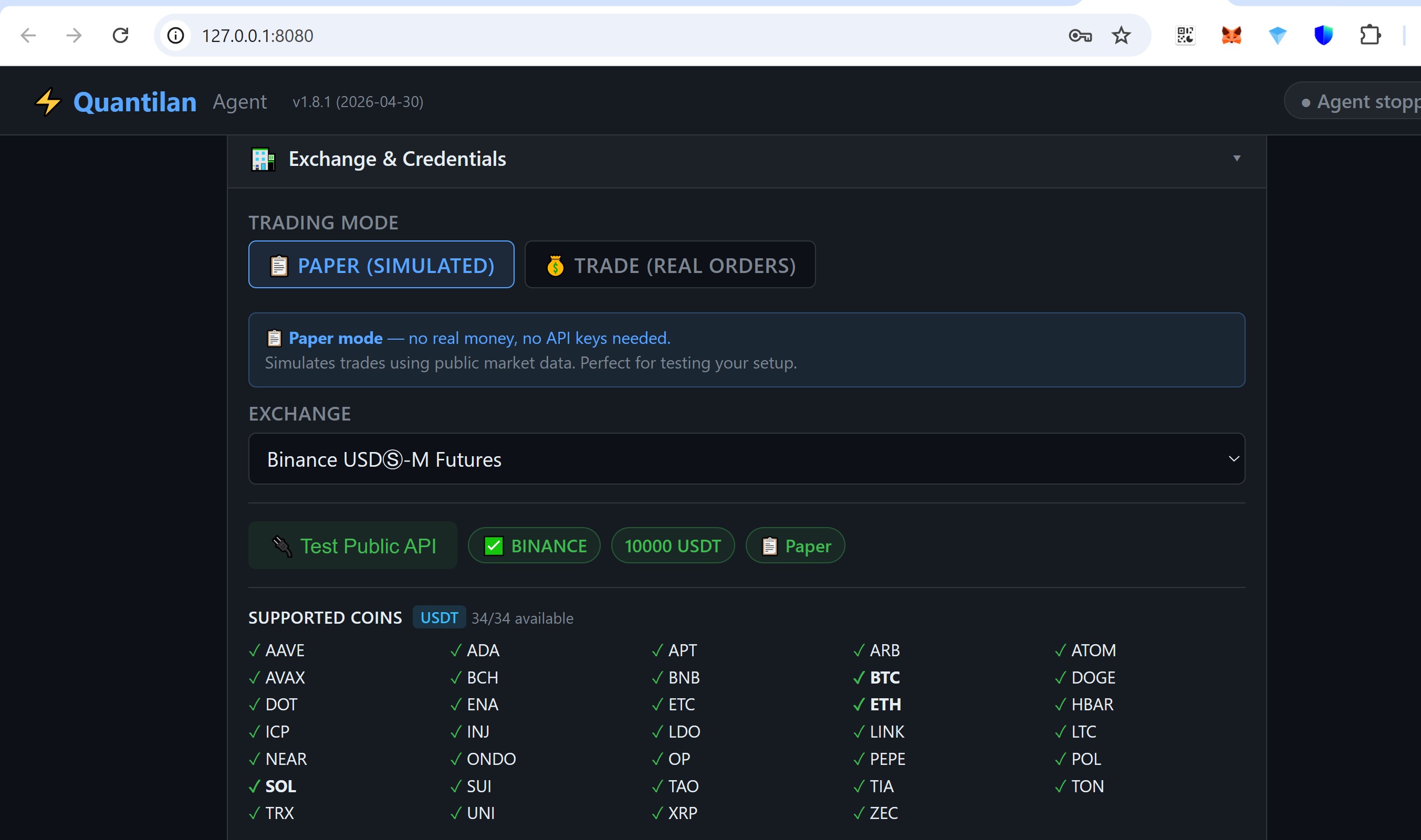 Exchange and Paper mode — public API test passed