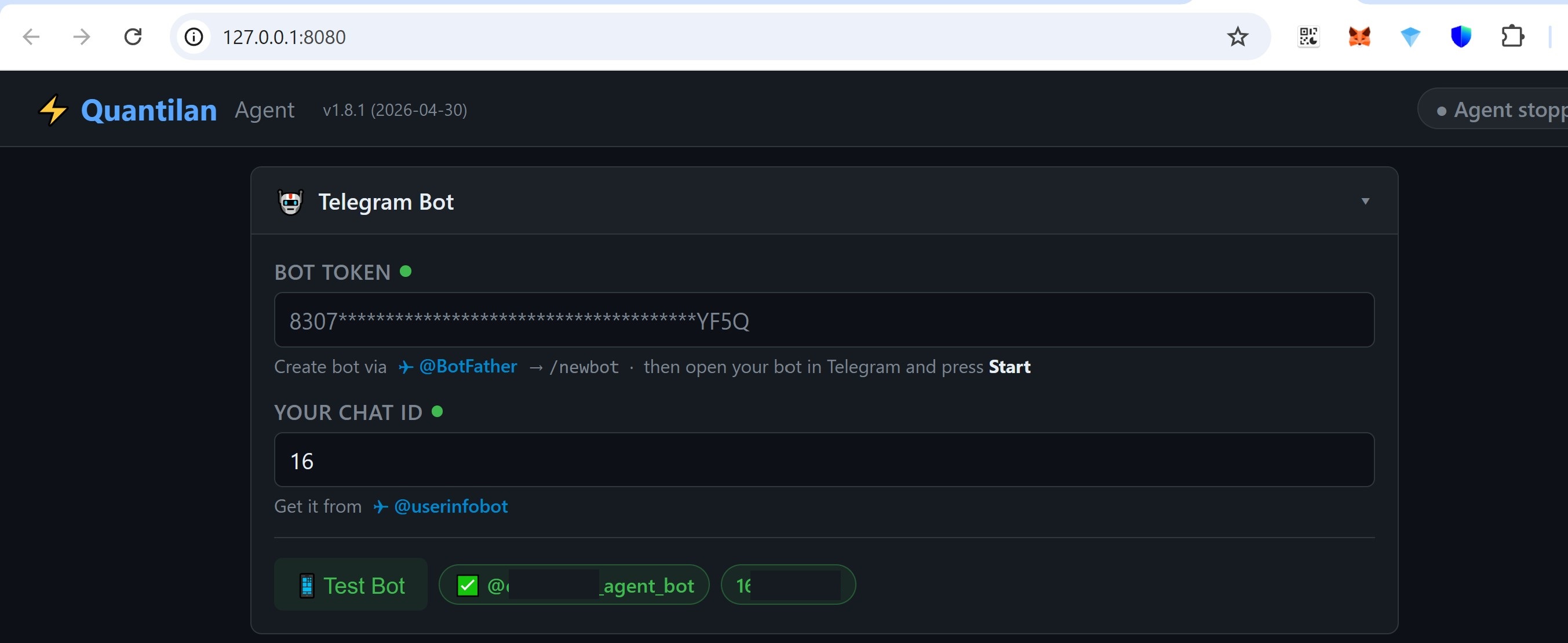 Telegram bot — connection test passed