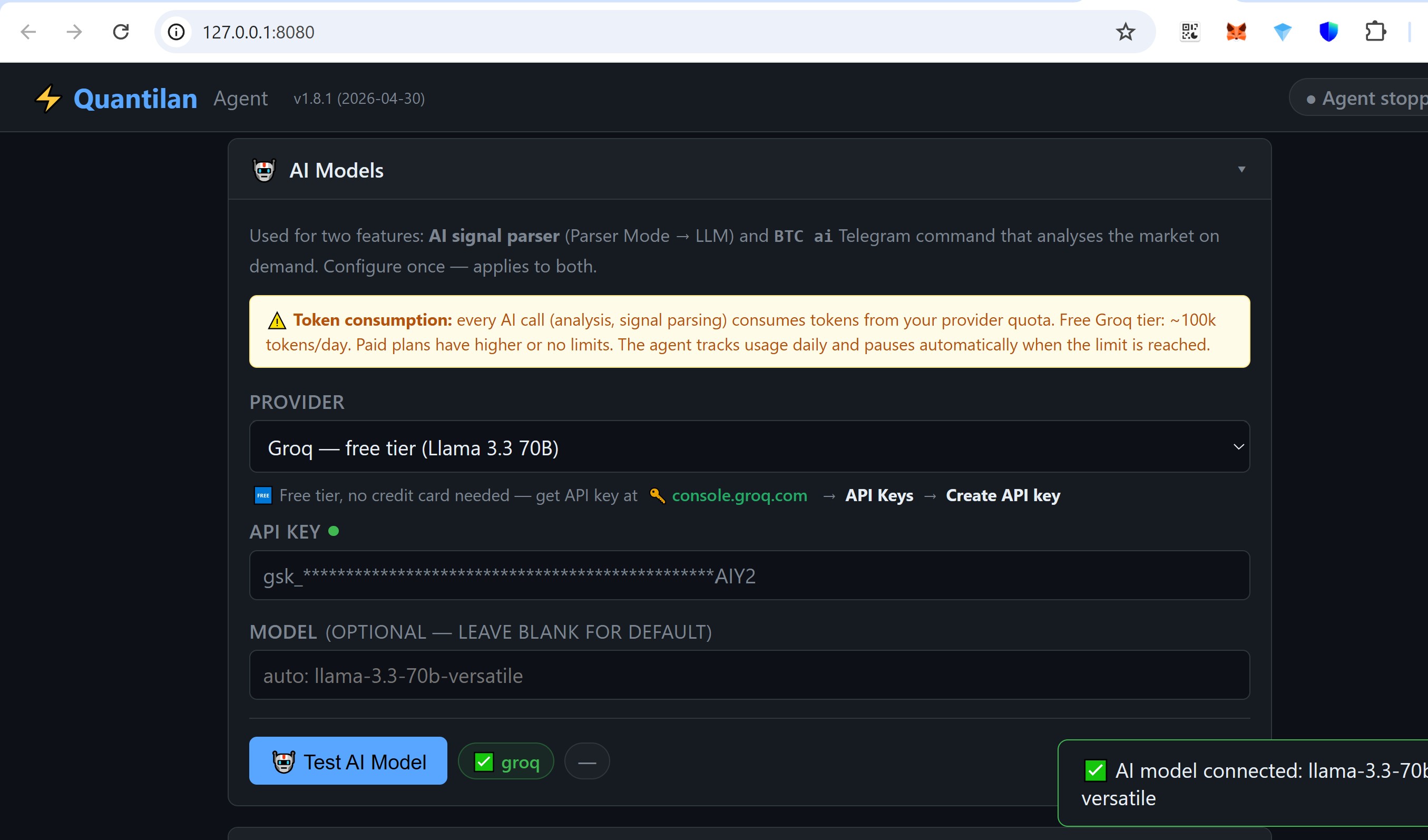 AI model — Groq test passed