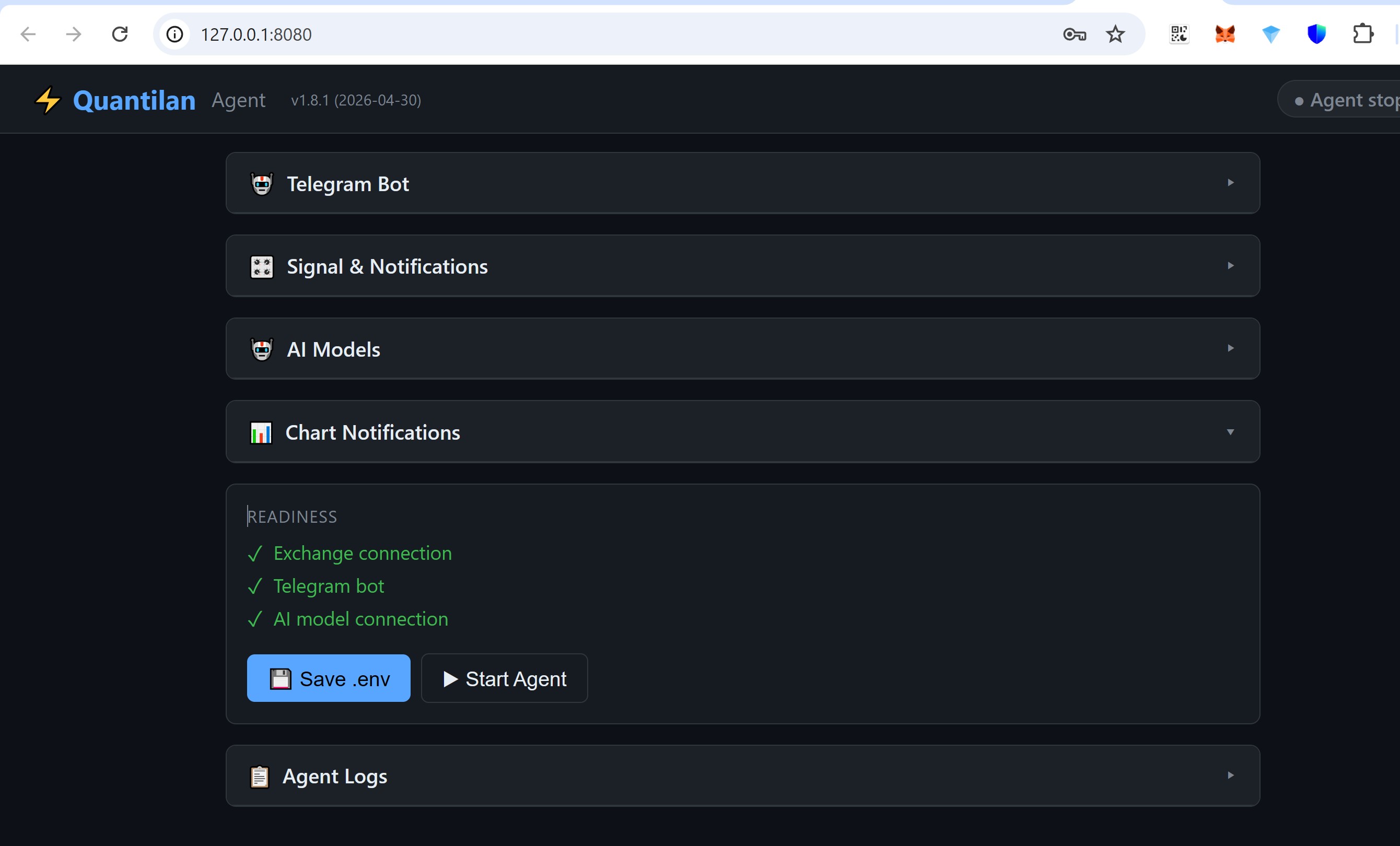 Readiness all green — Save env and Start Agent