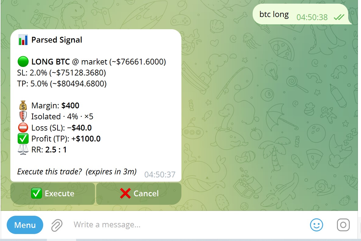 Telegram: btc long parsed signal with Execute and Cancel