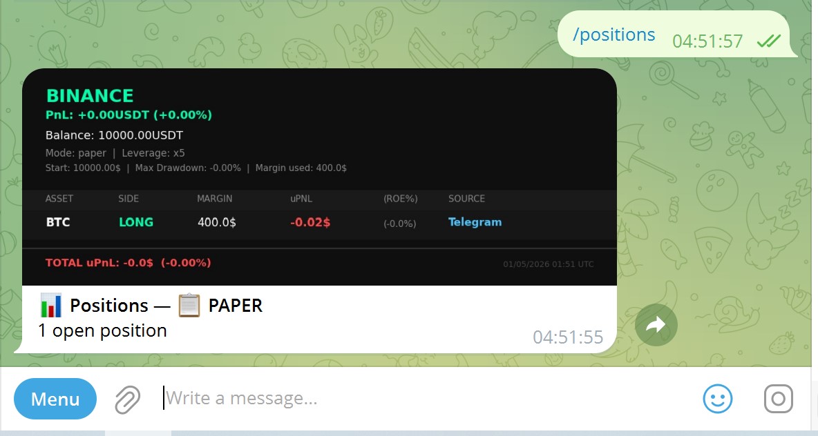 Telegram: /positions shows open BTC LONG in Paper