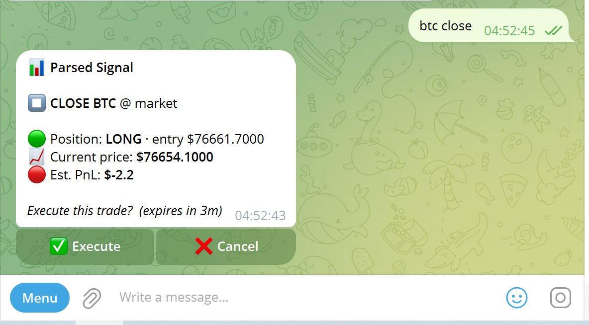 Telegram: btc close confirmation with Execute