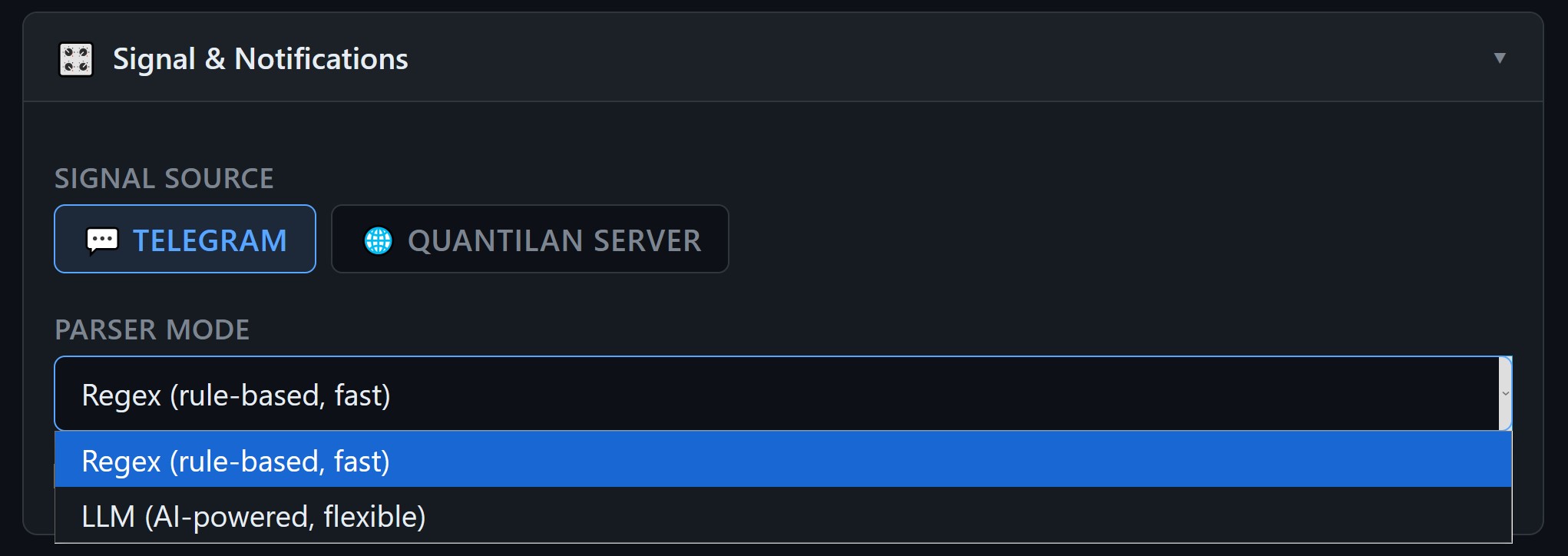 Parser model selection — Regex and LLM options for Telegram signal parsing