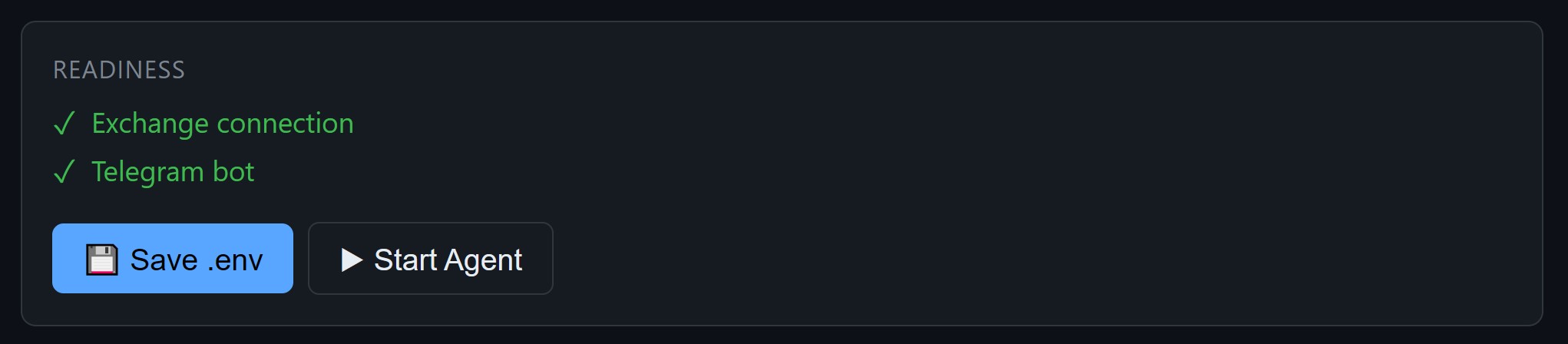 Readiness panel — Exchange connection and Telegram bot green, Start Agent button