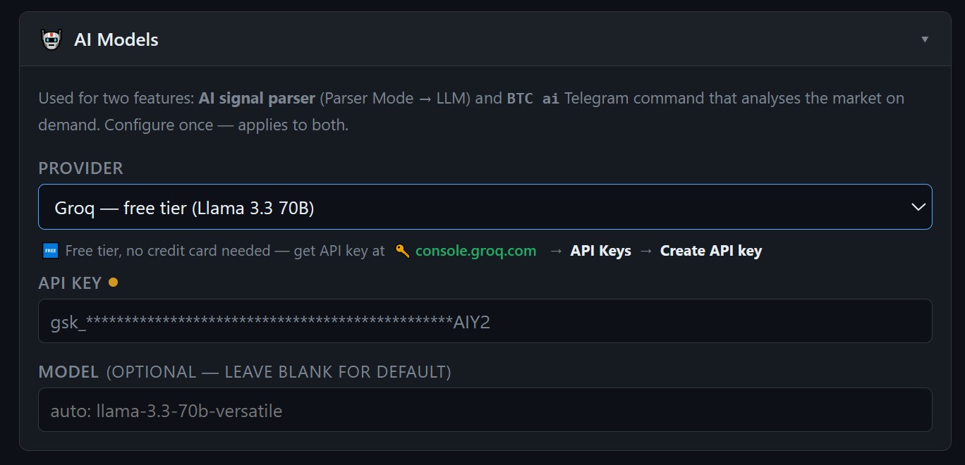 AI Models tab — Groq API key field and model selector