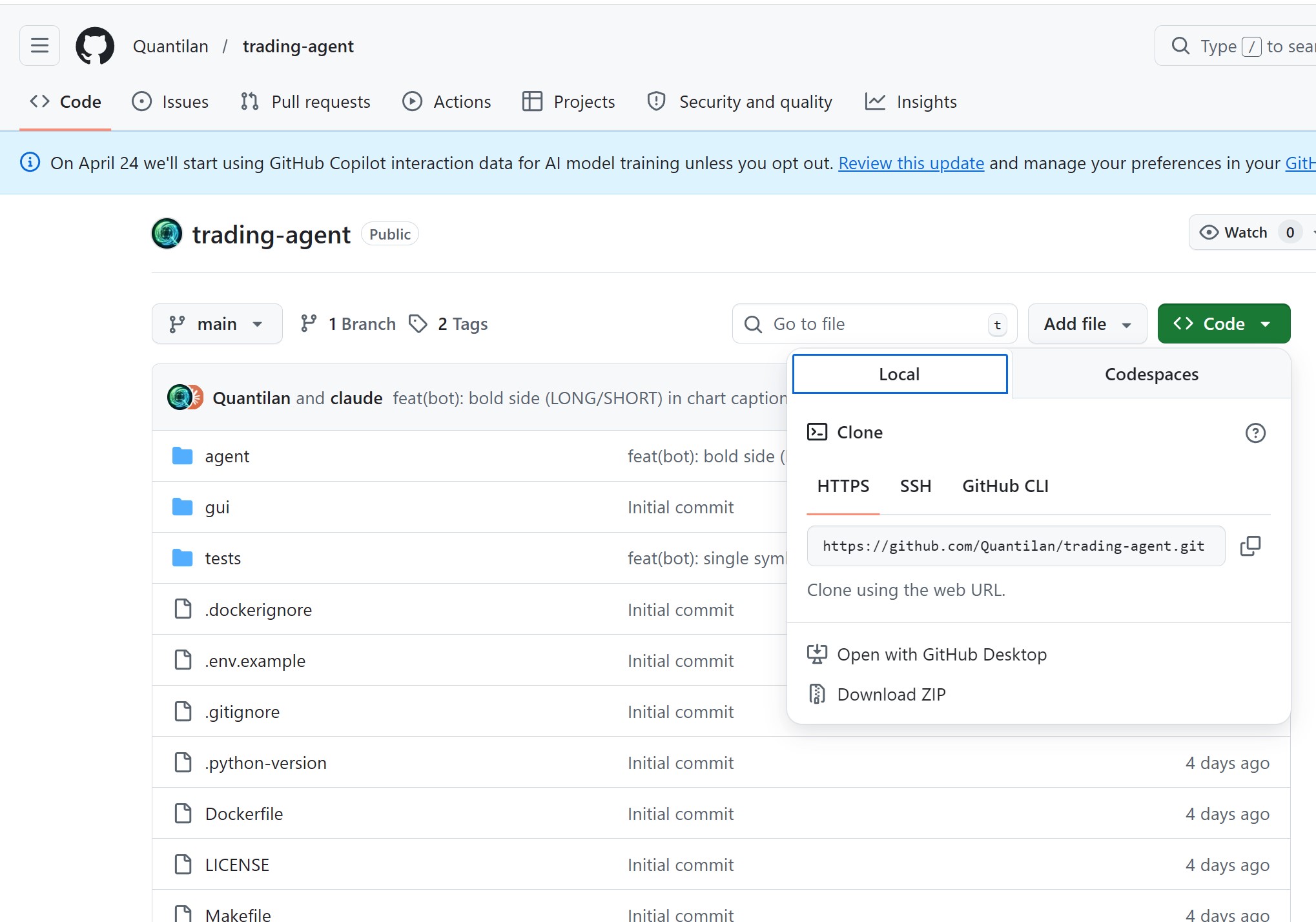 Clone the trading-agent repository from GitHub