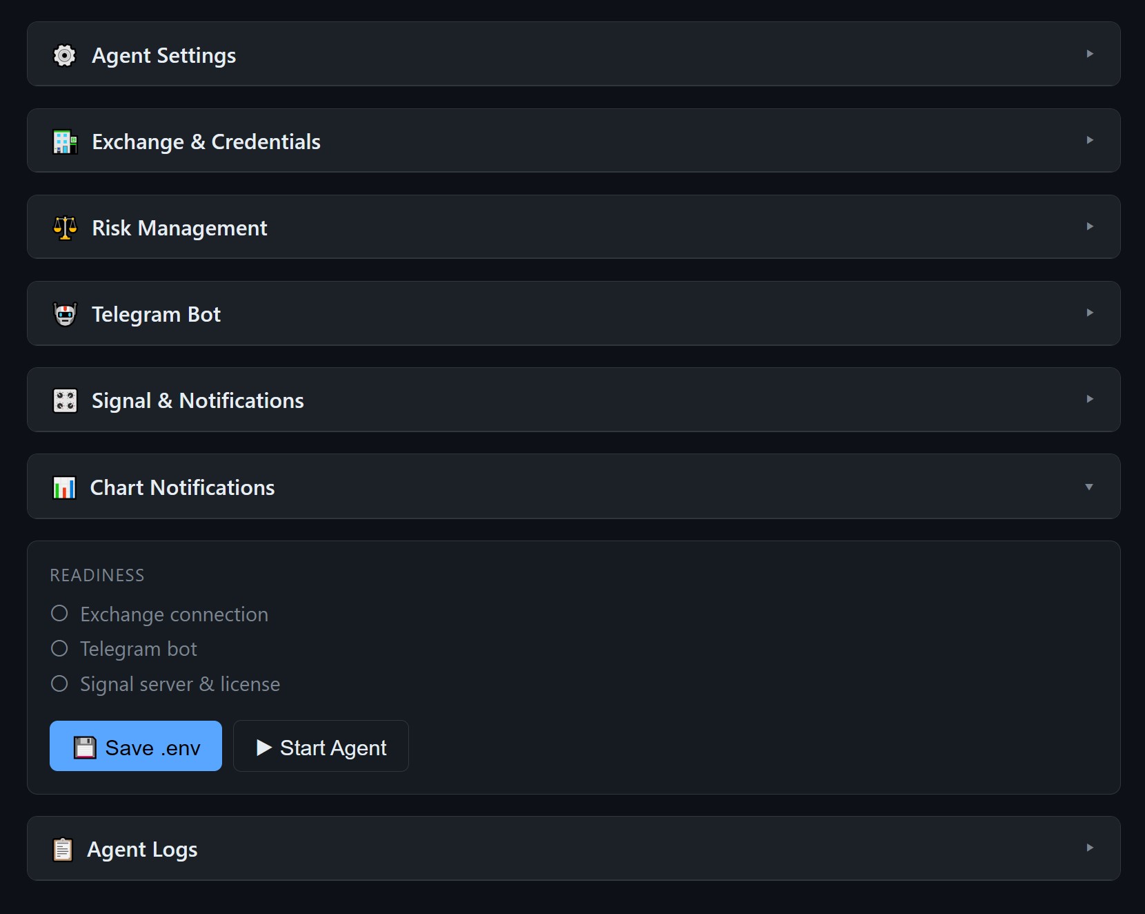 Setup GUI overview — all sections