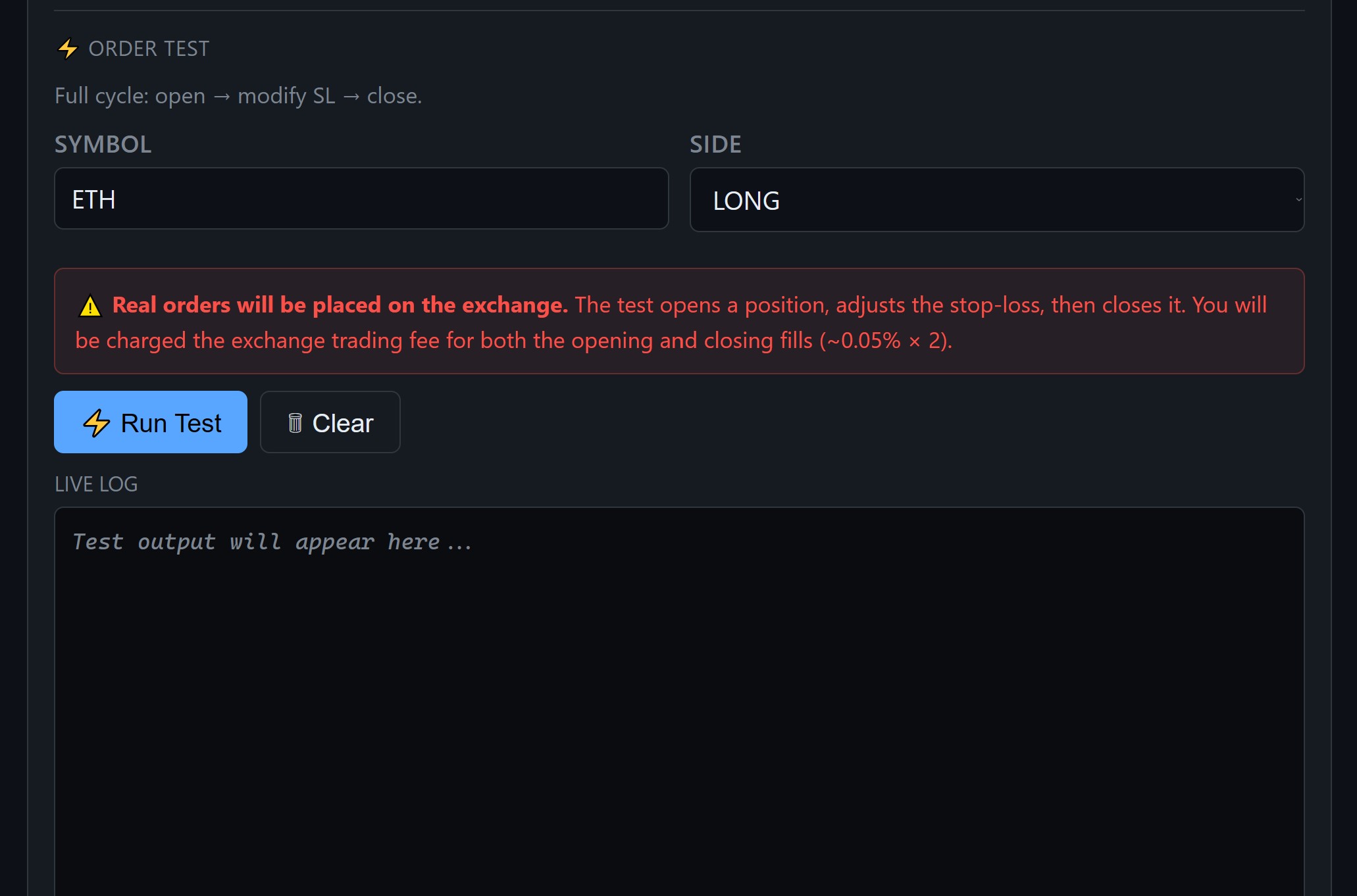 Order test — open, modify SL, close cycle