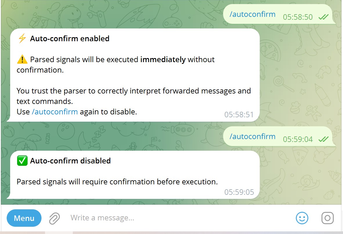 Autoconfirm toggle — enabled and disabled