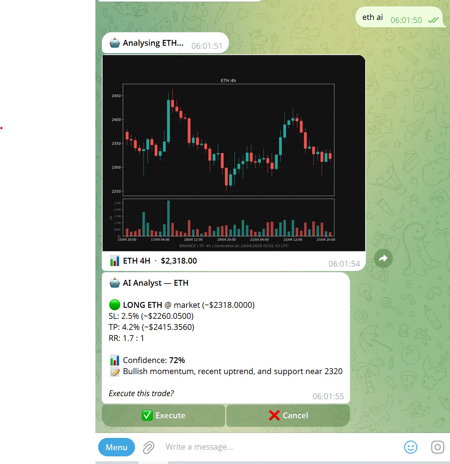 btc ai command — AI analyst response with direction, SL, TP, RR and confidence score