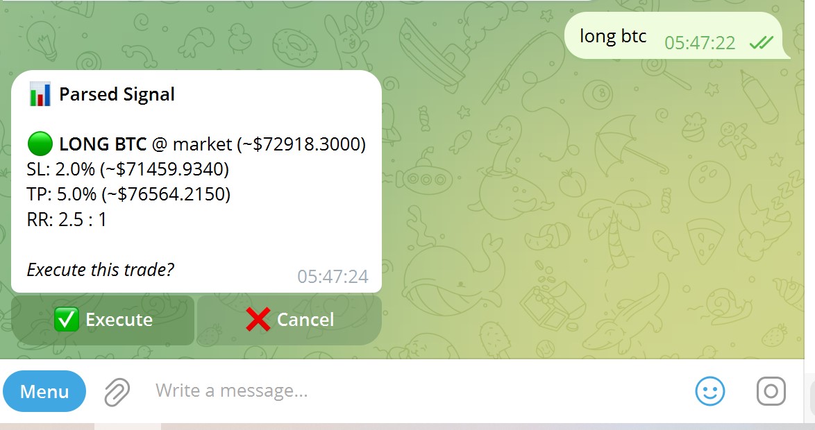 Parsed signal — LONG BTC with SL, TP, RR and Execute/Cancel buttons