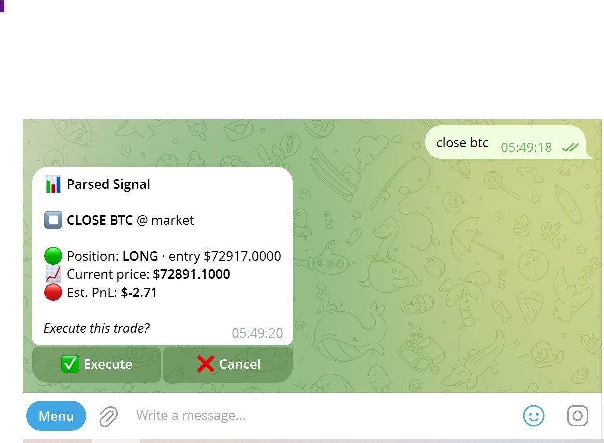 Close signal confirmation — current price and estimated PnL