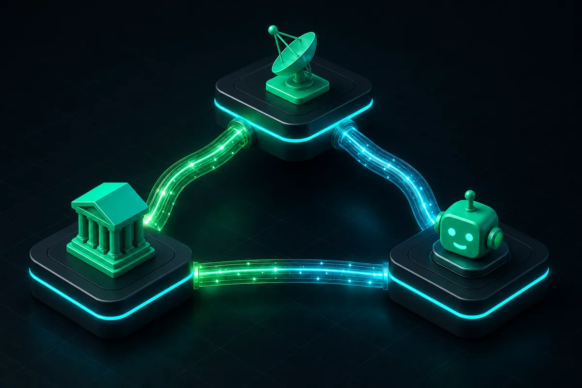 Closed-loop ecosystem: Signal Source, Trading Agent, and Exchange connected by data tubes